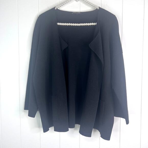 Eileen Fisher Black Open Front 100% Wool Waist Length Cardigan SZ L - Picture 1 of 6